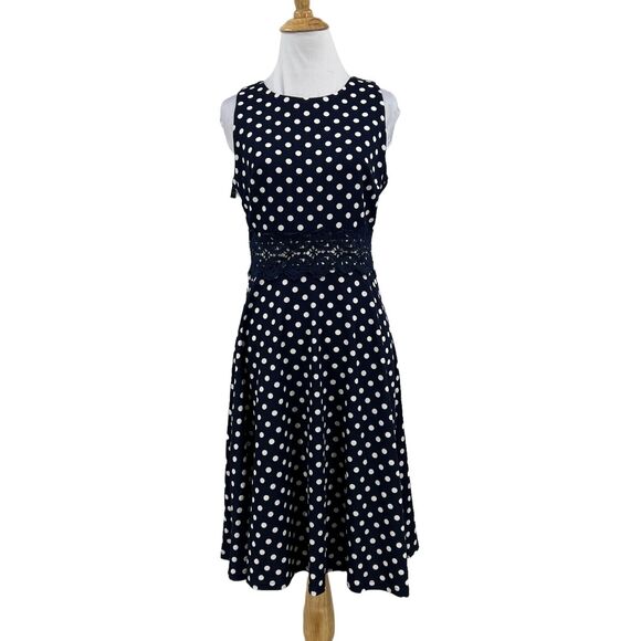 Homeyee Polka Dot Dress Womens 6 Navy Sleeveless Fit & Flare Floral Lace Detail - Picture 2 of 12